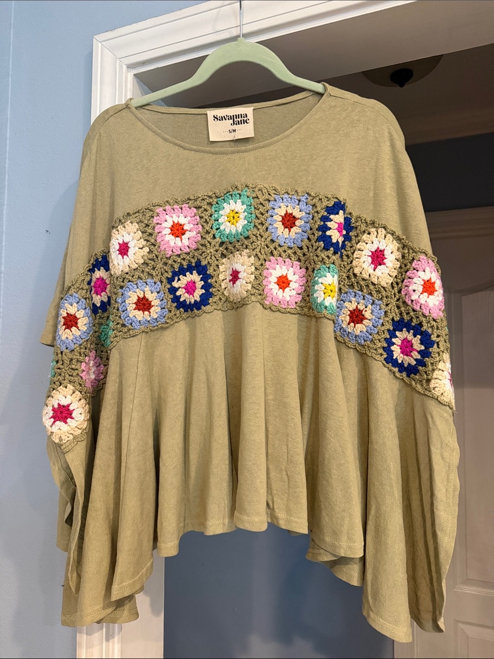 Savanna Jane Olive Crochet-Trim Boho Peasant Top